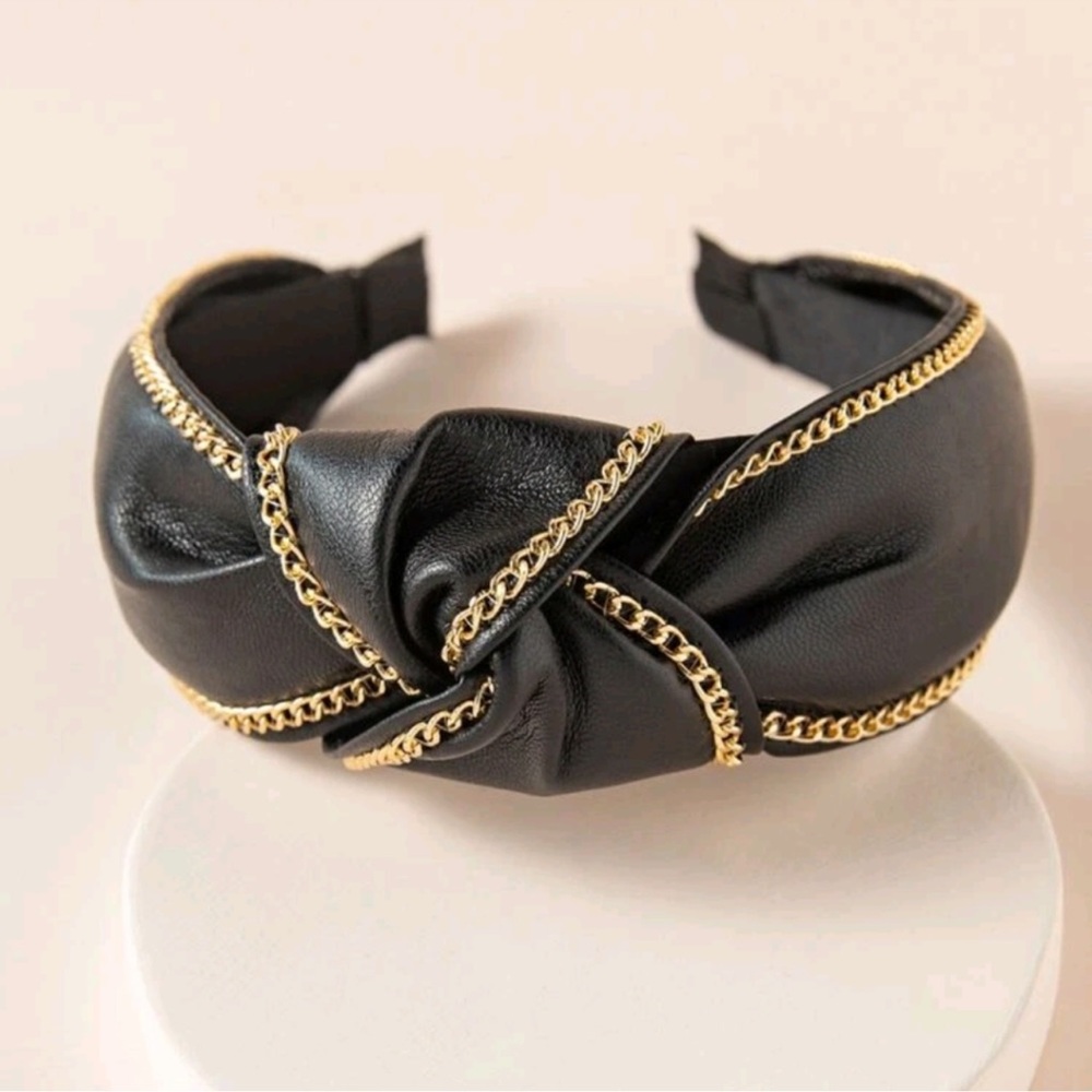 NEW Chic Faux Leather Knot Black & Gold Headband